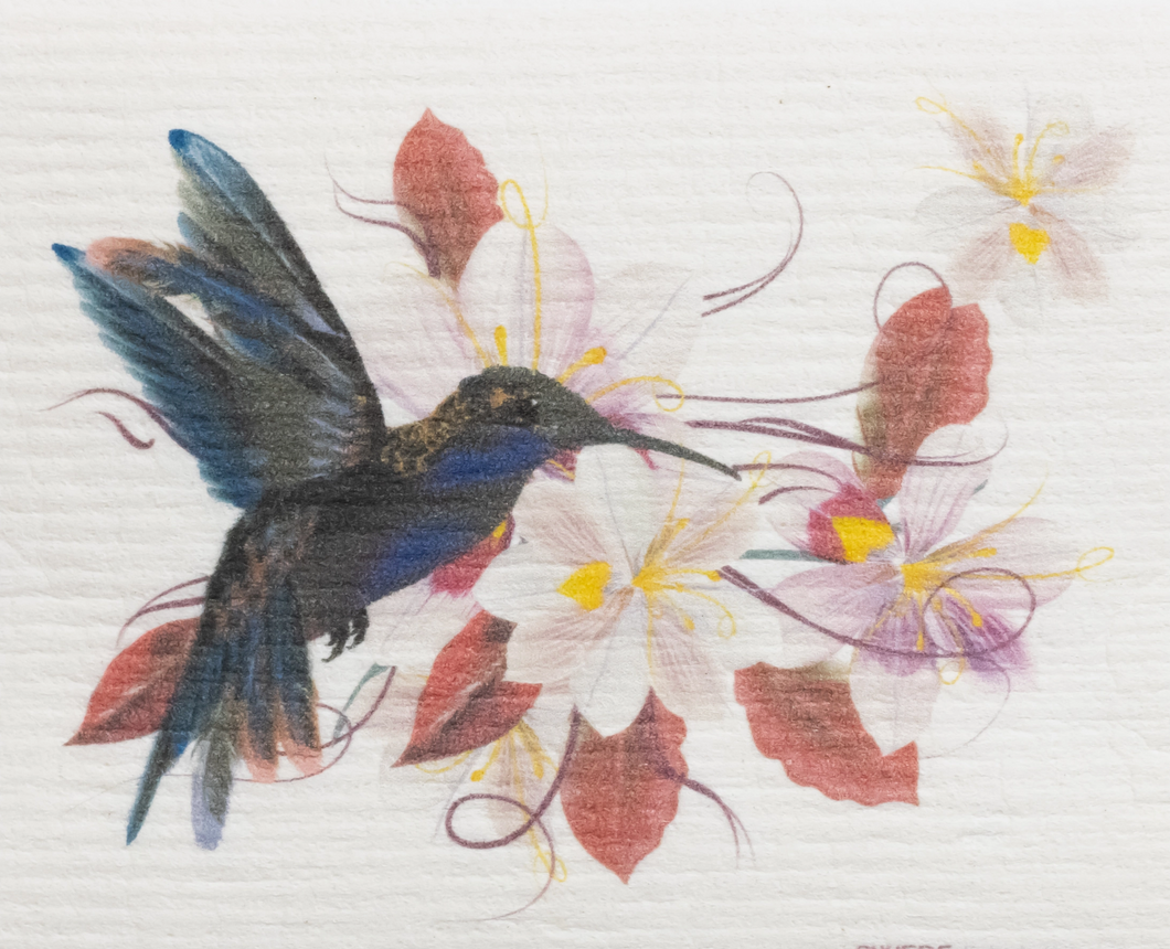 HUMMINGBIRD -RED FLOWERS - SWEDISH DISHCLOTH