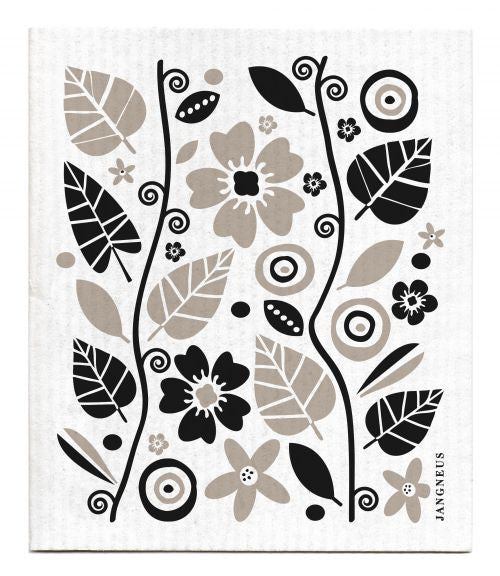 FLOWERS & LEAVES - BLACK - SWEDISH DISHCLOTH