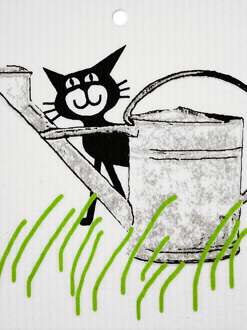 Cat behind watering can - Swedish Dishcloth