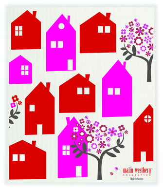 TOWN HOUSES - PINK-RED - SWEDISH DISHCLOTH